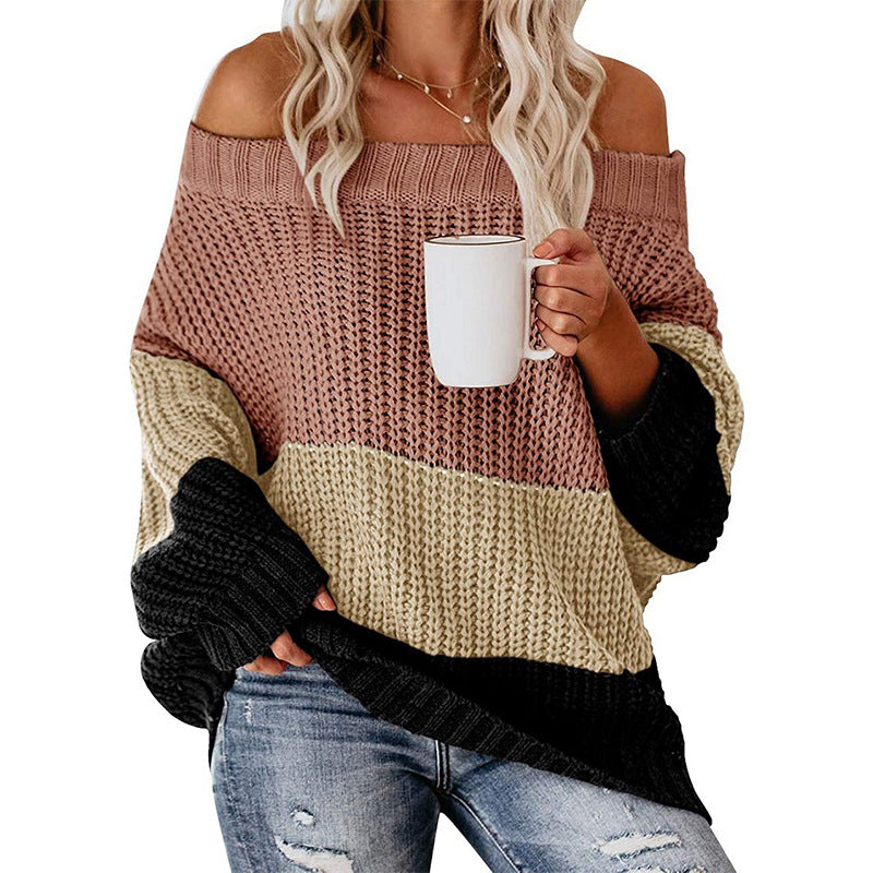 Casual chunky knit sweater for women with off-shoulder design and decorative color combination Lune London