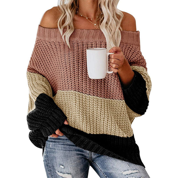 Casual chunky knit sweater for women with off-shoulder design and decorative color combination Lune London