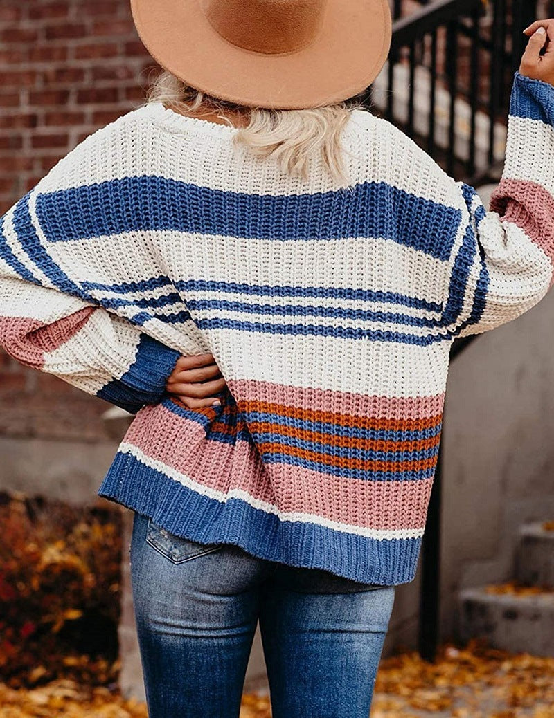 Ladies chunky knit sweater with versatile striped pattern Lune London