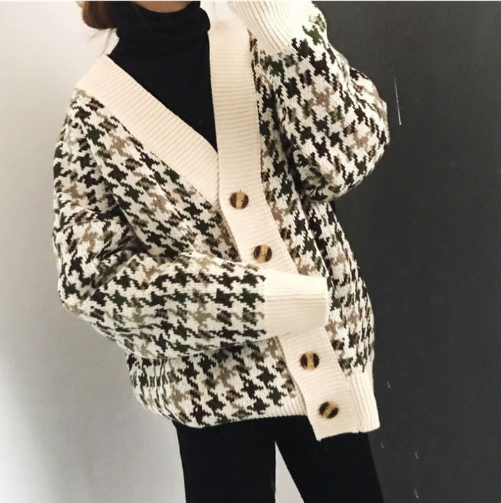 Modern cable knit women's sweater jacket with wooden buttons Lune London