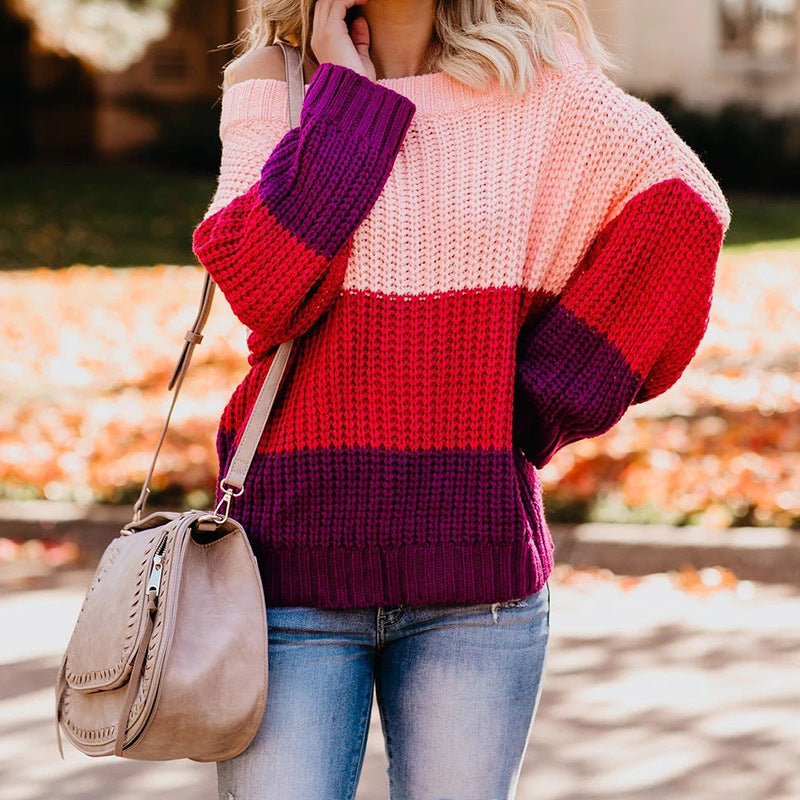 Casual chunky knit sweater for women with off-shoulder design and decorative color combination Lune London