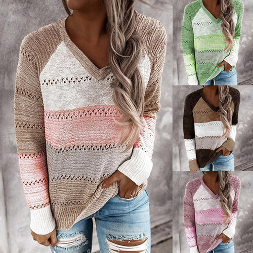Knitted sweater for ladies with V-neck and delicate openwork patterns Amarae