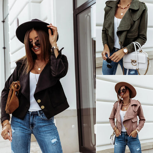 Ladies Elegant Suede Jacket with Asymmetrical Collar and Chic Decorative Button Details and Style