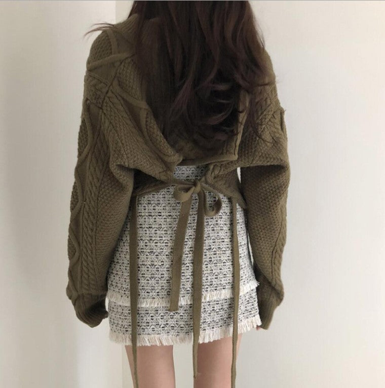 Femme Long Cardigan avec Ceinture à La Taille et Motif de Câble Elaboré Chic & Stil