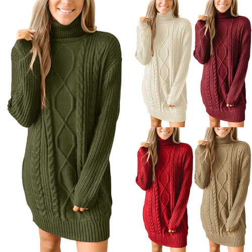Thick knit sweater dress for women with a beautiful cable pattern and a high collar Amarae