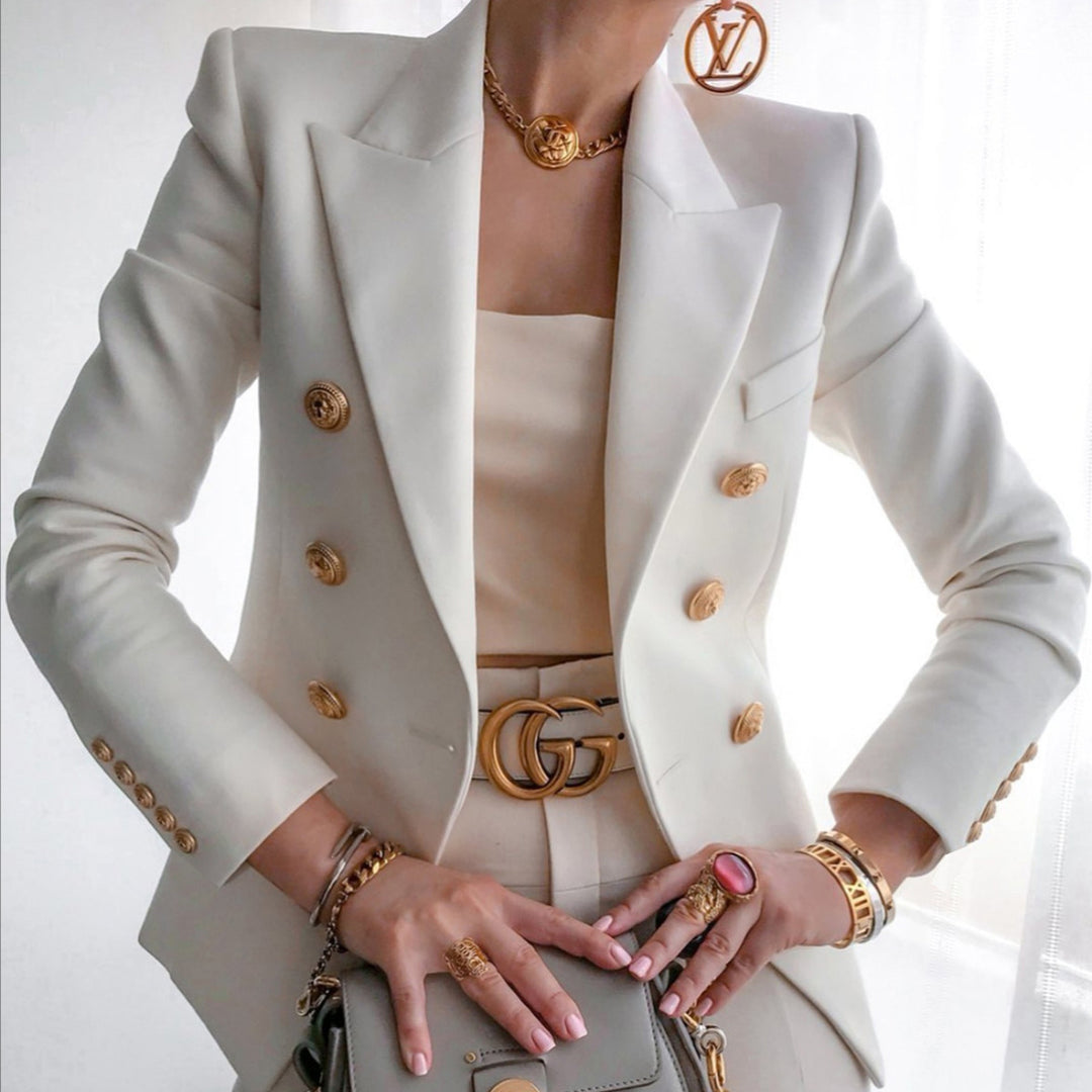 Women's elegant double-breasted blazer with golden buttons Lune London