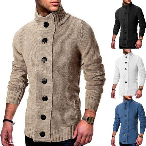 Men's knitted jacket with high collar and decorative button details Amarae