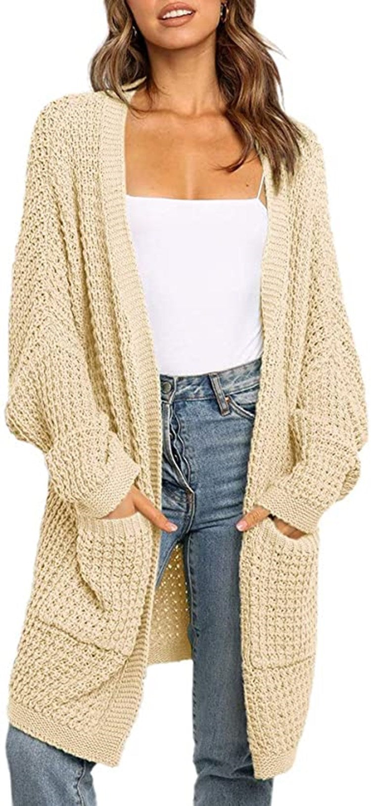 Ladies chunky knit cardigan with open pockets and relaxed fit Lune London