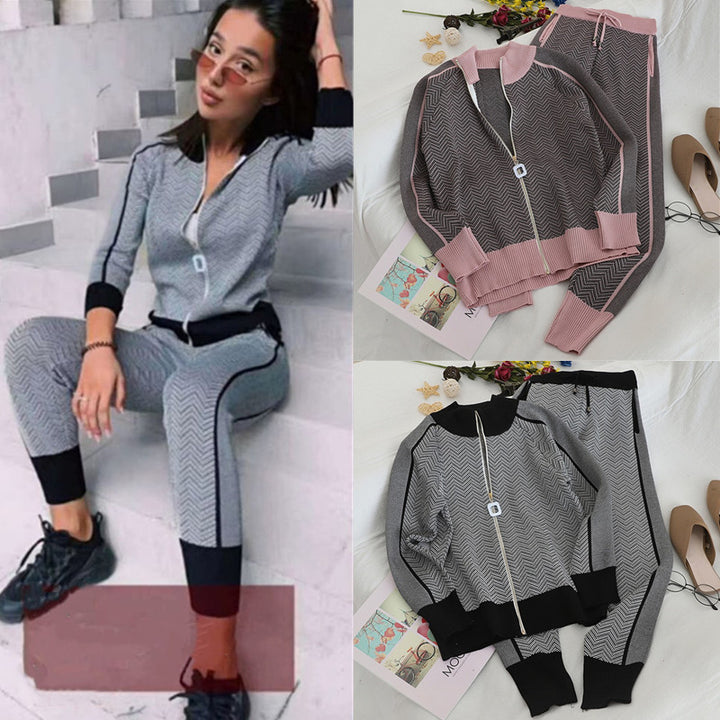 Lune London geometric pattern knit lounge set for women with elegant zipper