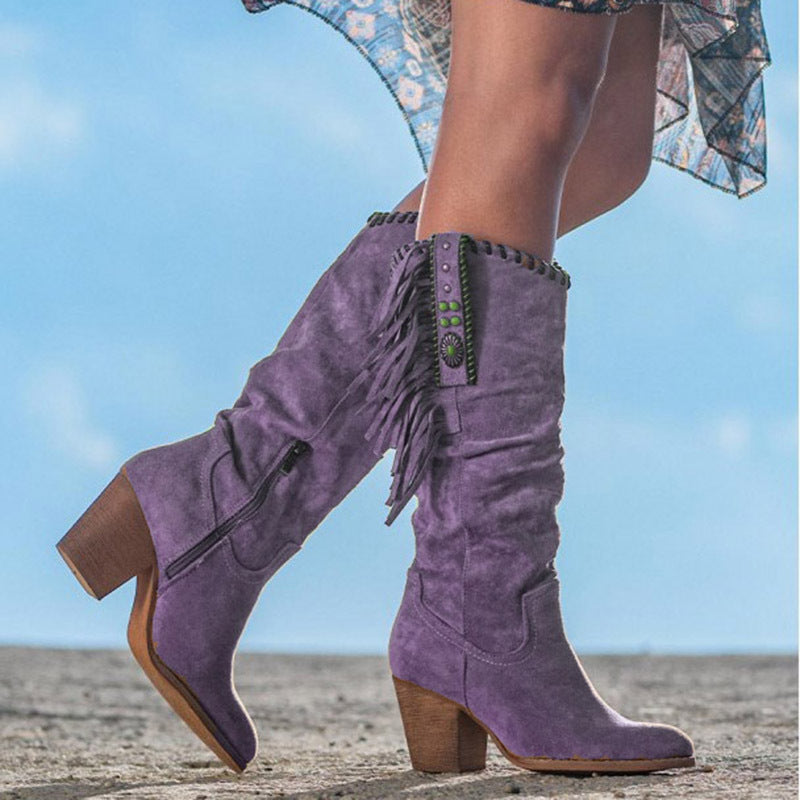 Lune London | knee-high boots - synthetic suede - fringes and studs - western style - block heel