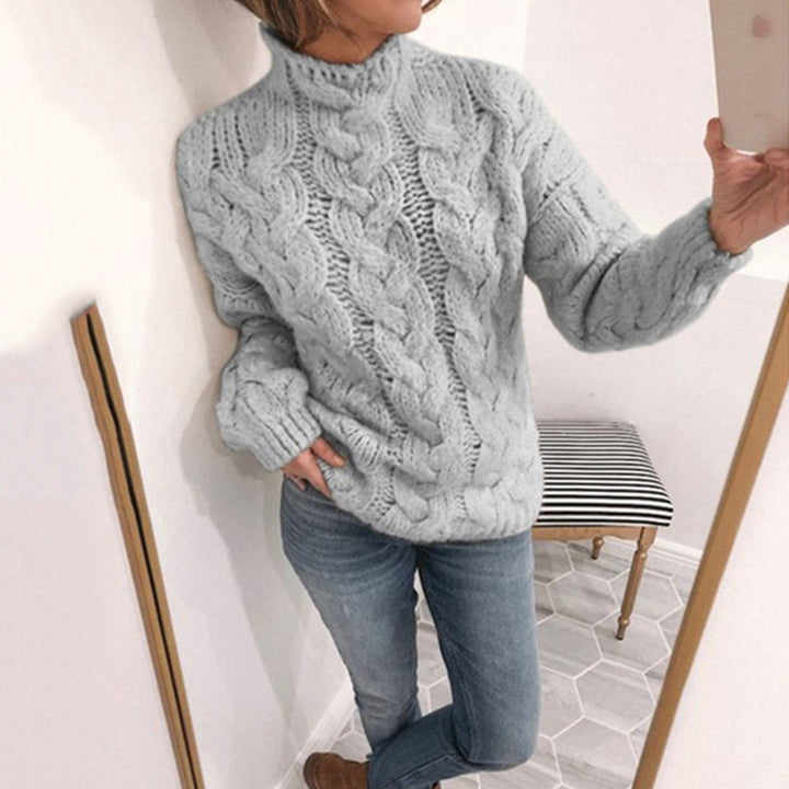 Thick knitted sweater for women with artistic knitted pattern and high collar Lune London