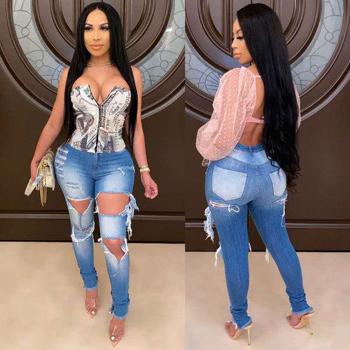 Jeans skinny pour femmes avec look détruit à la mode et taille haute Chic & Stil