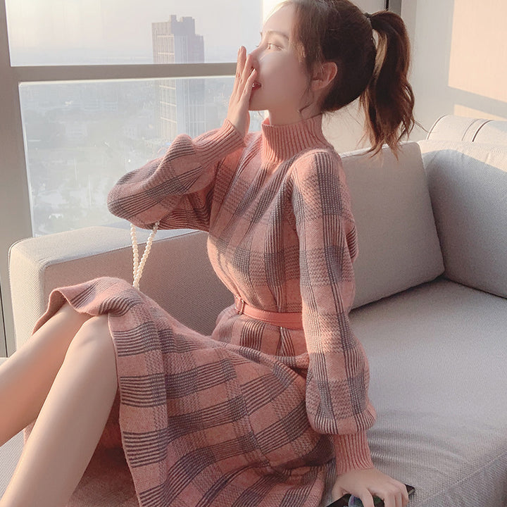 Robe à manches longues pour femme avec col haut et motif à carreaux Chic & Stil