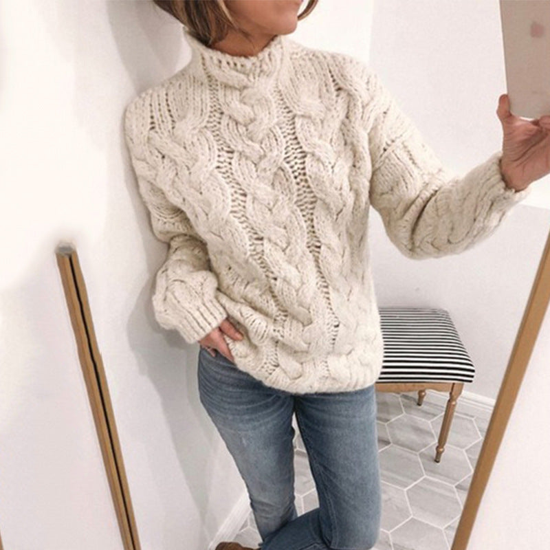 Thick knitted sweater for women with artistic knitted pattern and high collar Lune London