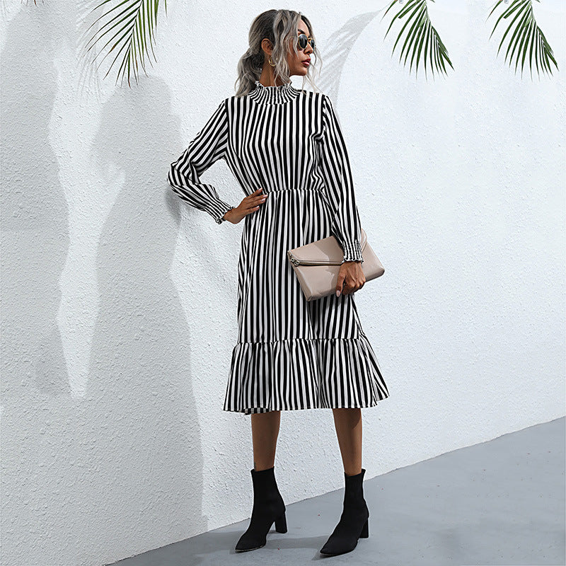 Lune London striped tiered midi dress for women with long sleeves and high collar