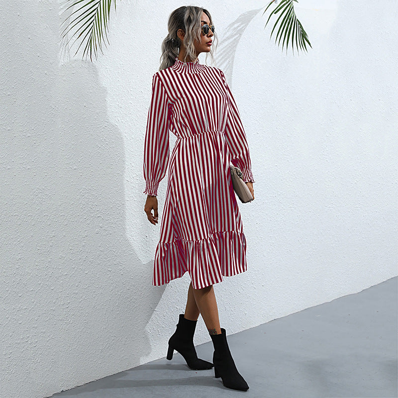 Lune London striped tiered midi dress for women with long sleeves and high collar