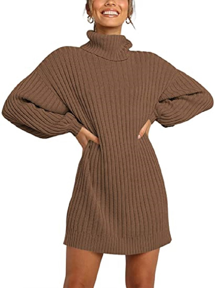 Chunky knit dress for women with high collar and dropped shoulders Lune London