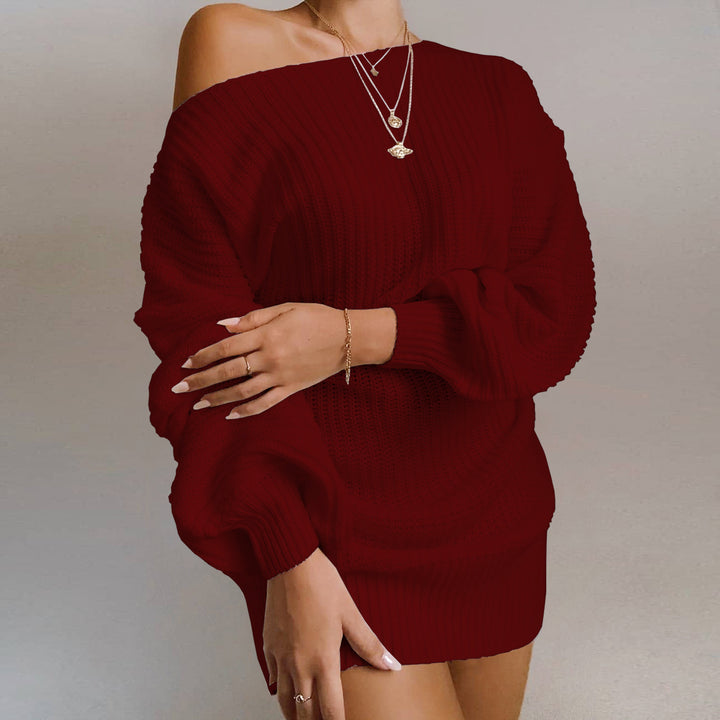 Off-shoulder knit dress for women with voluminous sleeves and a textured surface Lune London