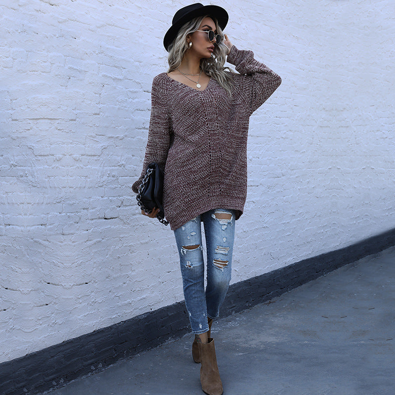 Sweater en tricot surdimensionné pour femmes avec col en V Chic & Stil