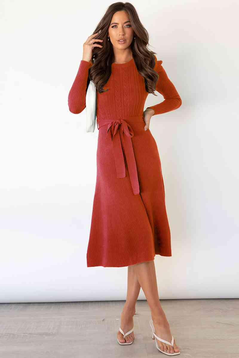 Lune London | Round Neck Long Sleeve Knot Waist Sweater Dress