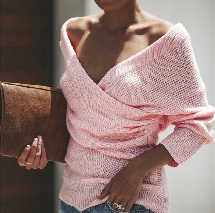 Ladies Oversized Wrap Pullover with Off-the-Shoulder Lune London