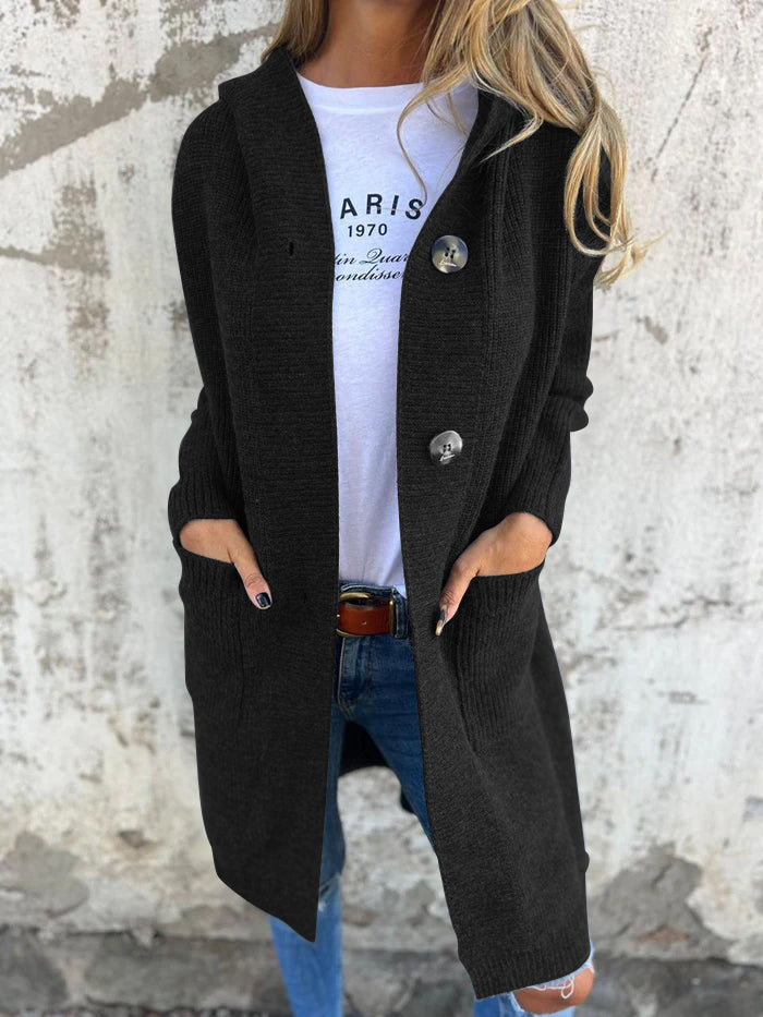 Lune London | Cardigan - Longer Open Front - Ribbed Knit - Button Closure & Front Pockets