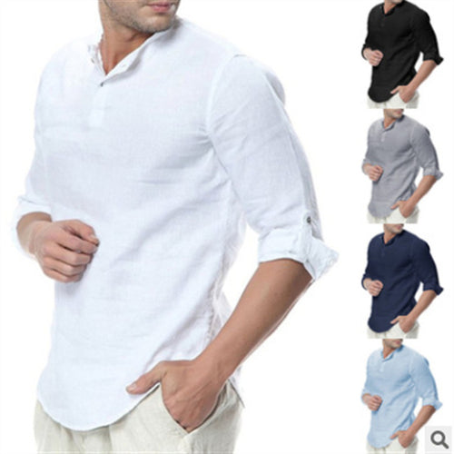 Men's elegant linen shirt with roll-up sleeves and simple button details Amarae