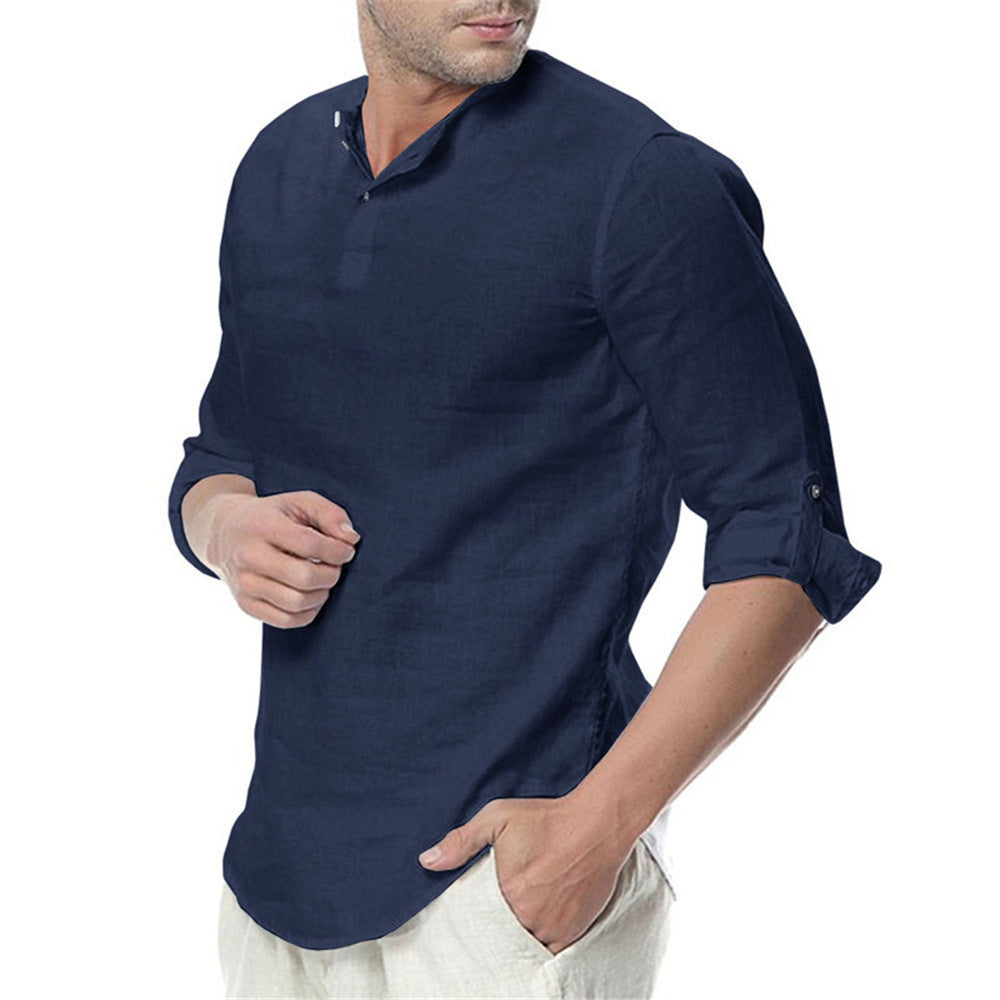 Casual linen shirt for men with modern stand collar and practical button details Heidi-Mod.