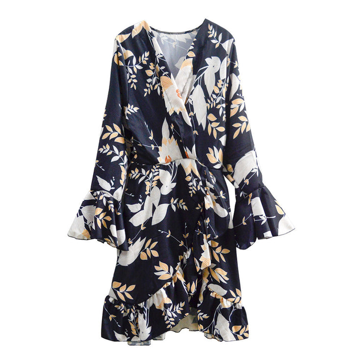 Ladies wrap dress with floral design and ruffle details Lune London