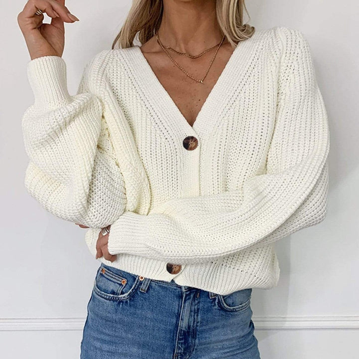 Ladies casual cardigan with deep V-neck and big buttons Lune London