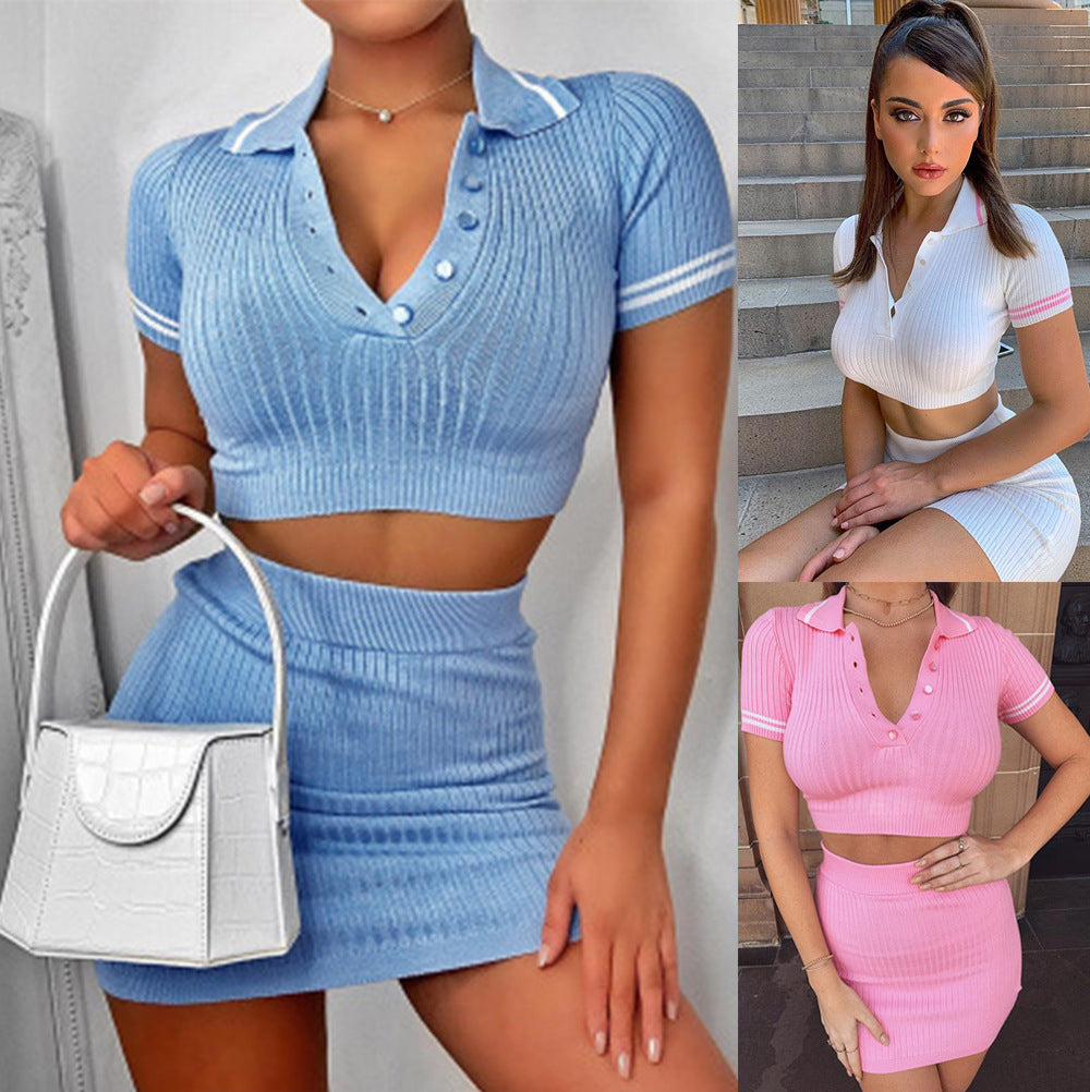 Chic and Stylish Women's Crop Top and Mini Skirt Set with Fine Rib Design