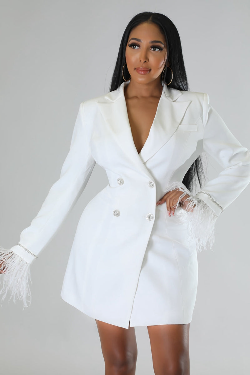 Lune London | White Blazer Dress with Feathered Sleeves