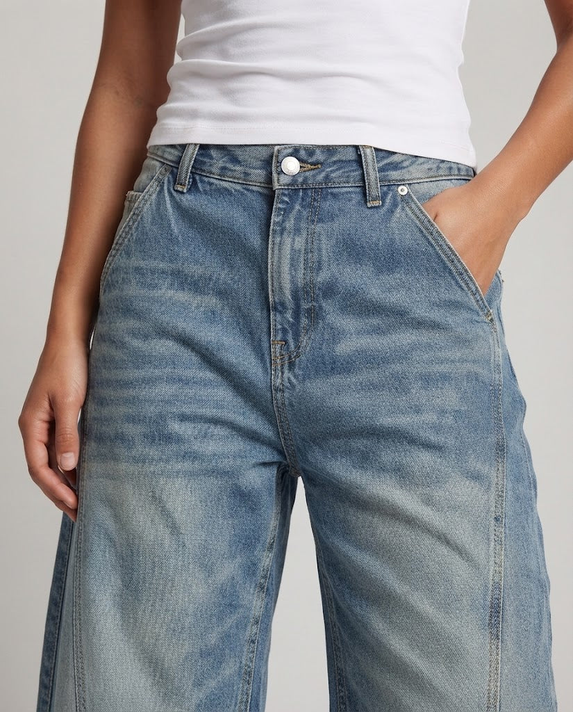 Ladies Extra Wide Palazzo Denim Pants with Wedge-Shaped Knee Panels and Floor-Length Hem Amarae