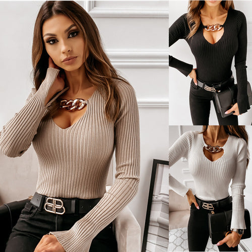 Ribbed V-neck women's pullover with chain detail Amarae