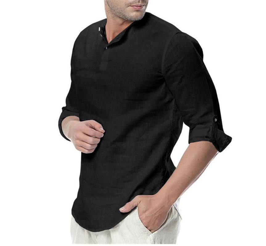 Casual linen shirt for men with modern stand collar and practical button details Heidi-Mod.