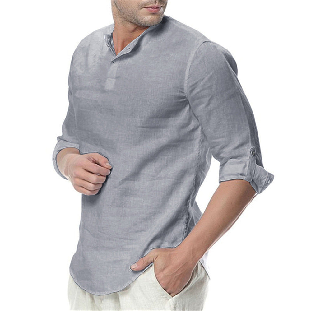 Casual linen shirt for men with modern stand collar and practical button details Heidi-Mod.