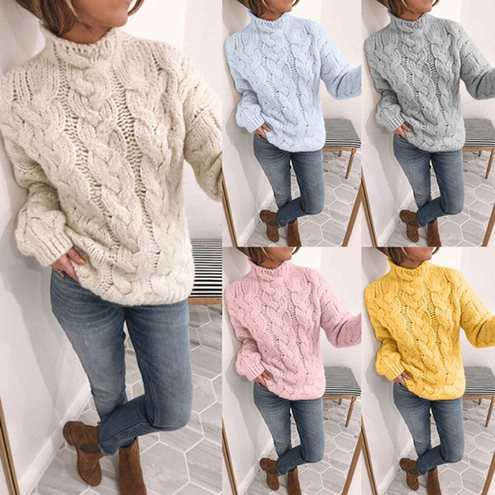 Thick knitted sweater for women with artistic knitted pattern and high collar Lune London