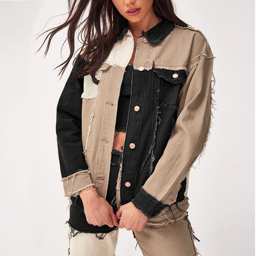 Fashionable women’s patchwork denim jacket with frayed details Amarae
