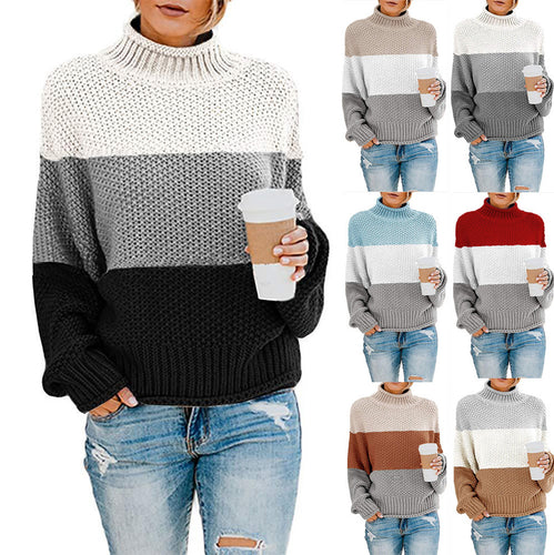 Women’s stylish knitted sweater with high collar and textured color block design Amarae