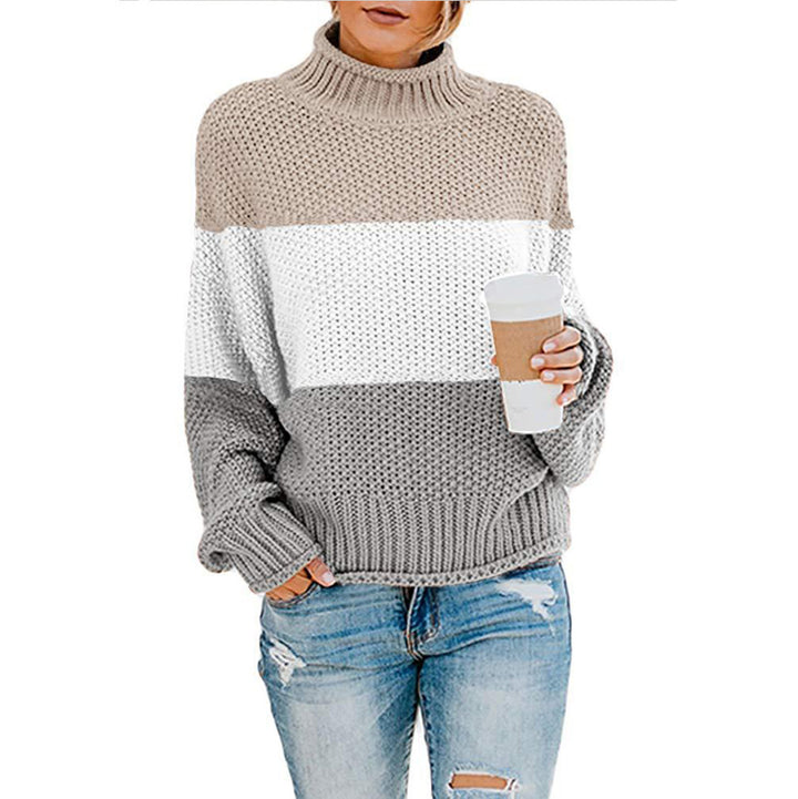 Women’s stylish knitted sweater with high collar and textured color block design Lune London