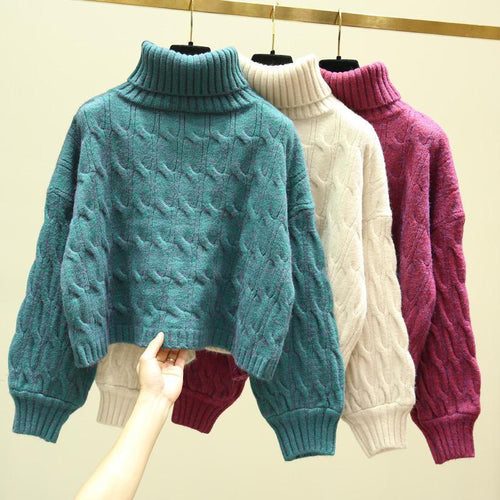 Chunky knit cozy sweater for women with high collar and cable pattern Amarae