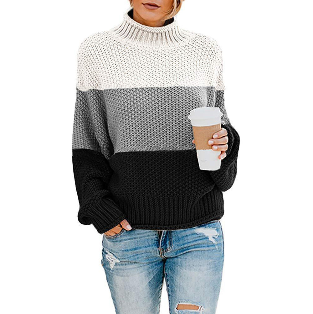 Women’s stylish knitted sweater with high collar and textured color block design Lune London