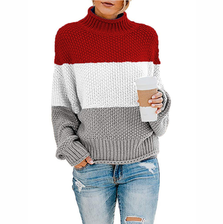 Women’s stylish knitted sweater with high collar and textured color block design Lune London