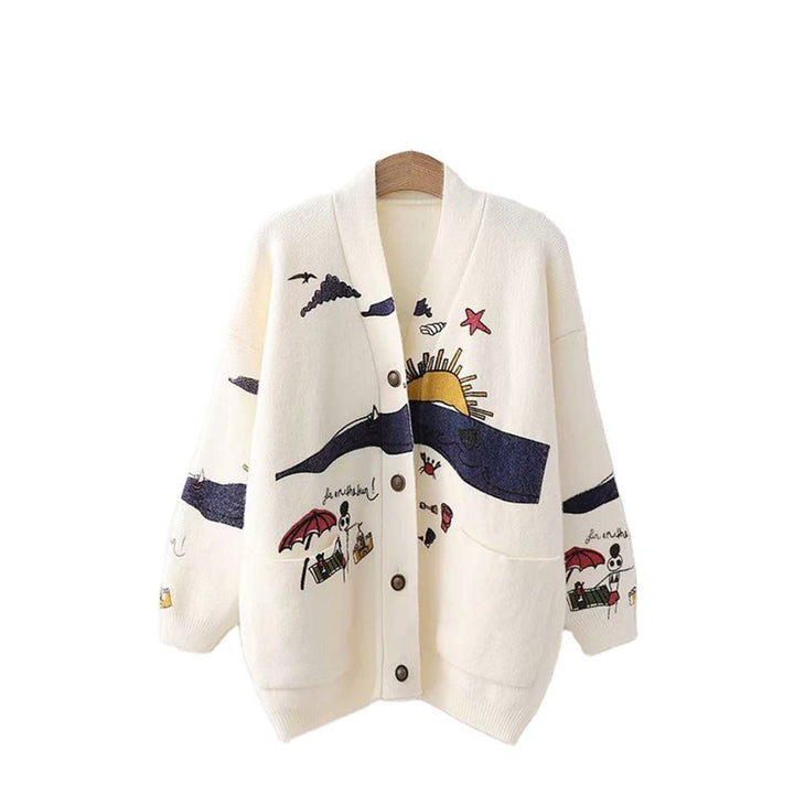 Women playful cardigan with colorful appliqués and large pockets Lune London