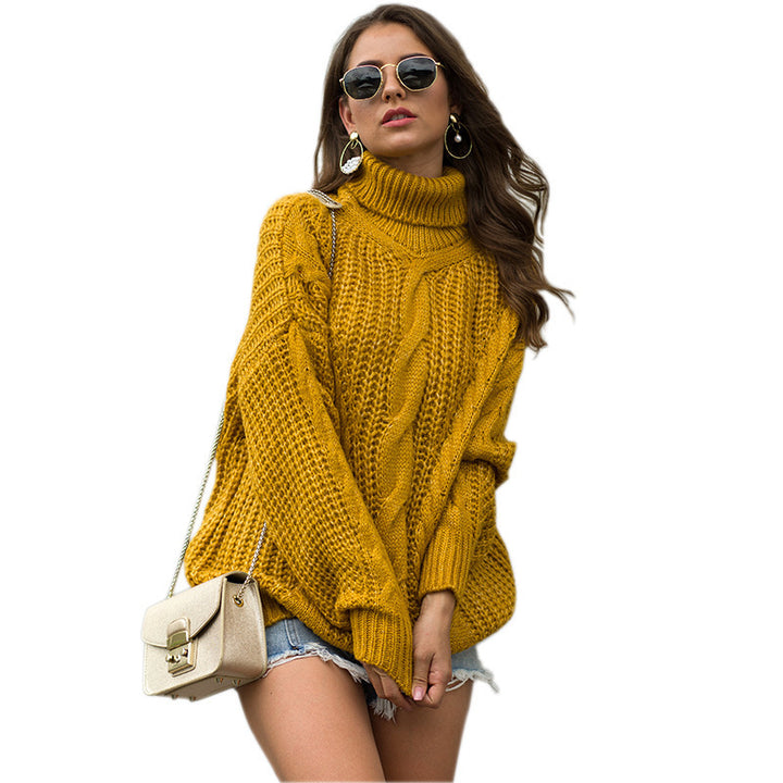 Ladies thick knit sweater with high collar and textured twisted pattern Lune London