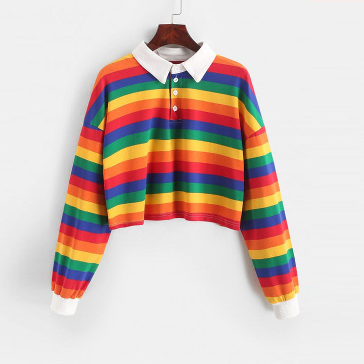 Women's Short Sleeve Polo Sweater with Colorful Stripes Chic & Stil