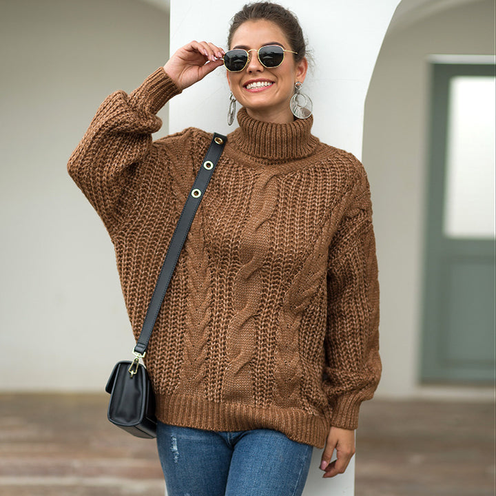 Ladies thick knit sweater with high collar and textured twisted pattern Lune London