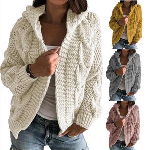 Knitted jacket for women with hood and trendy cable knit pattern Amarae