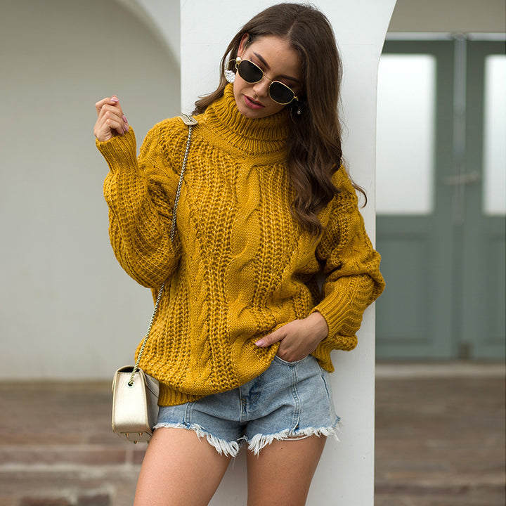 Ladies thick knit sweater with high collar and textured twisted pattern Lune London