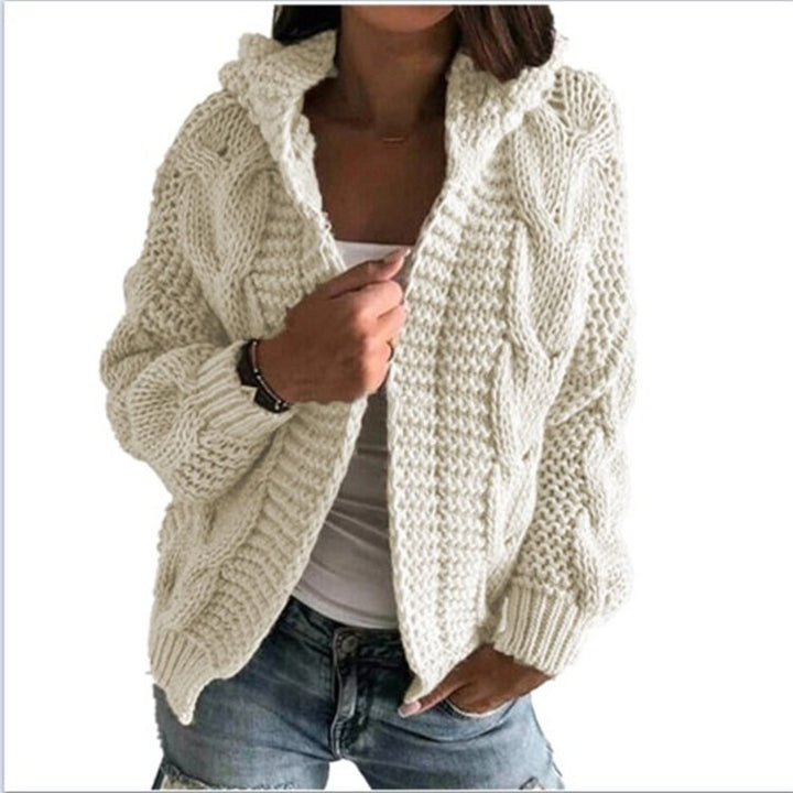 Knitted jacket for women with hood and trendy cable knit pattern Lune London